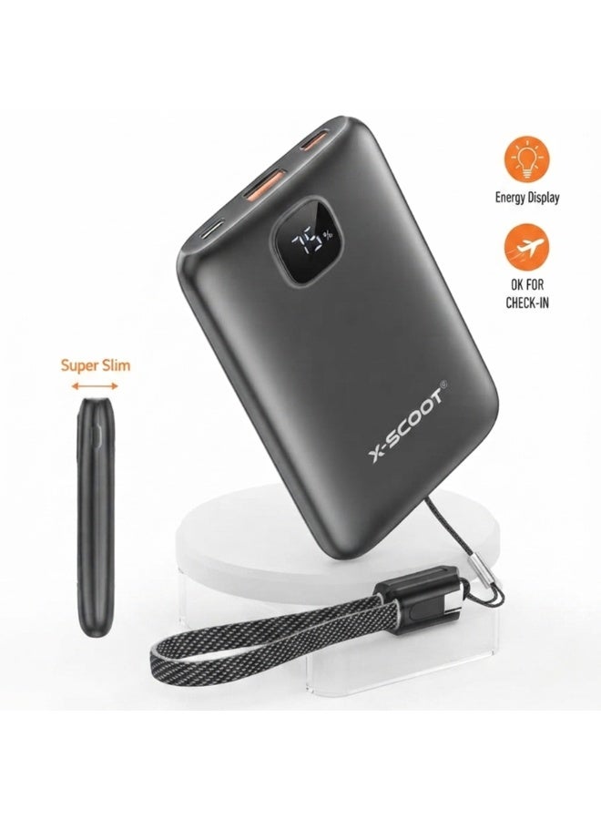Super Slim Power Bank Fast Charging 10000mAh 22.5W – Ultra-Thin Portable Battery Pack with Built-in Type-C Cable, LED Di