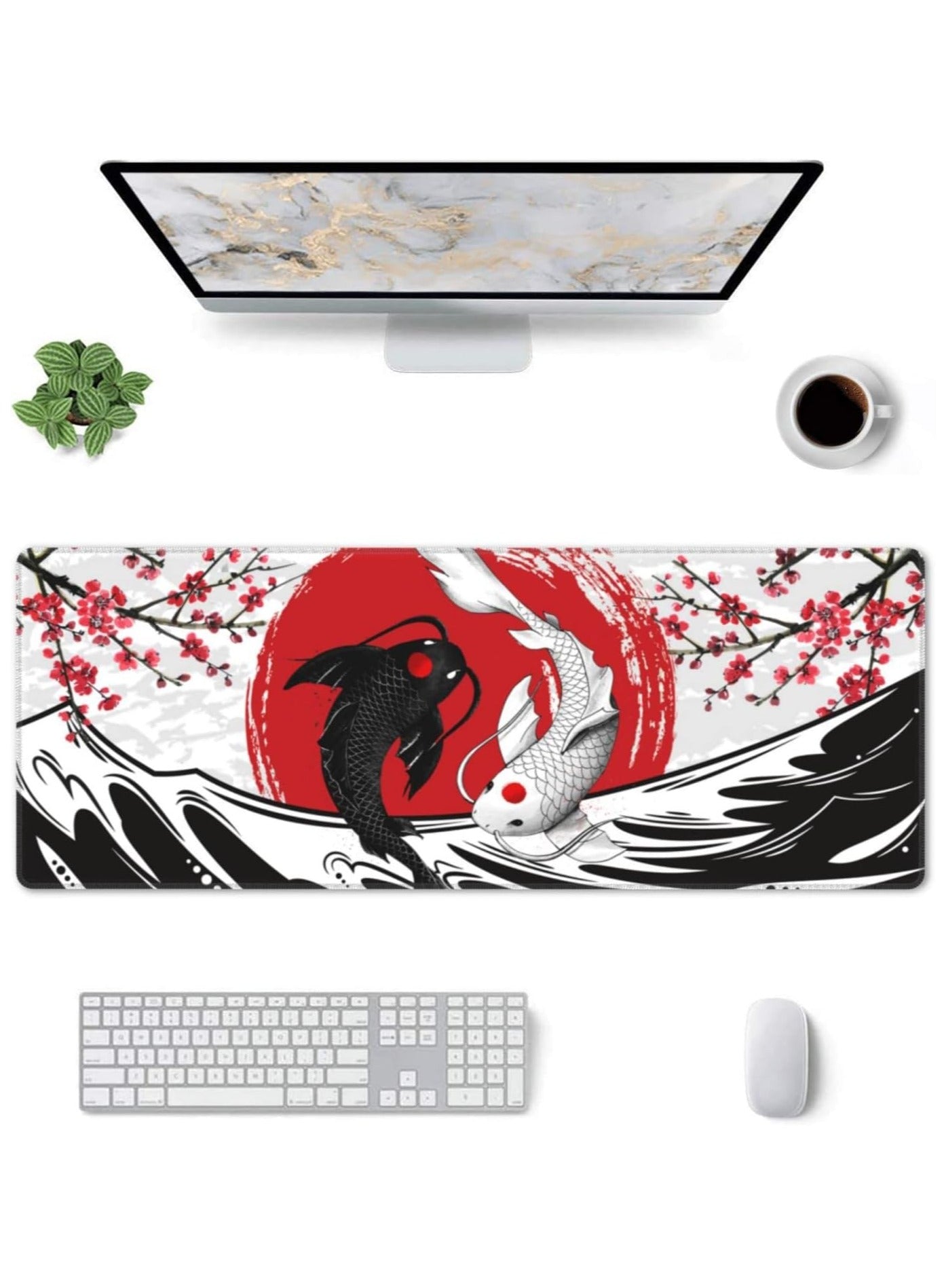 Japanese Black White Yin Yang Koi Fish Kanagawa Wave Mouse Pad XL Extended Desk Mat, Non Slip Rubber Base Stitched Edge Gaming Pc Desktop Large Mice Pad ( 80x30x2mm )