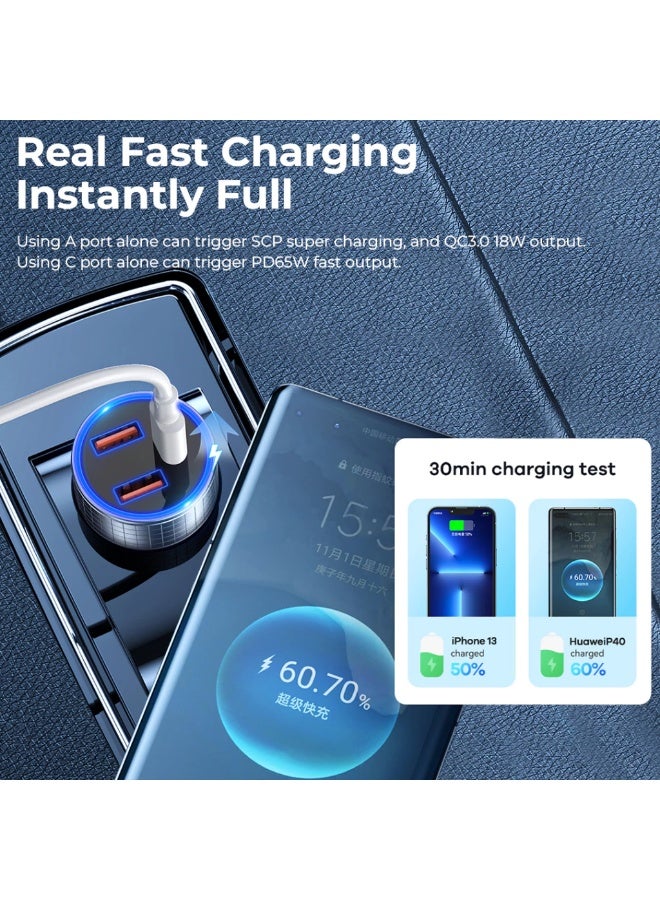 83W Fast Car Charger , RCC327 Salo III Series , PD 65W + QC 18W, Triple Output ( 2 USB + Type-C), Aluminum Alloy Mini Ch