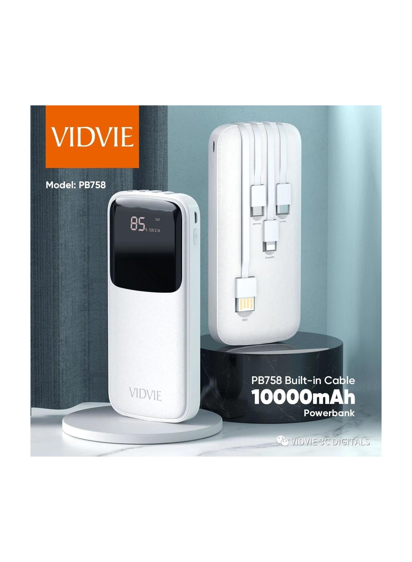 VIDVIE Power bank 4 in 1-10,000 mAh 10W - 4 Built in cables (USB, Lighting, Type C, Micro) Digital Screen, For iPhone & Android Phones