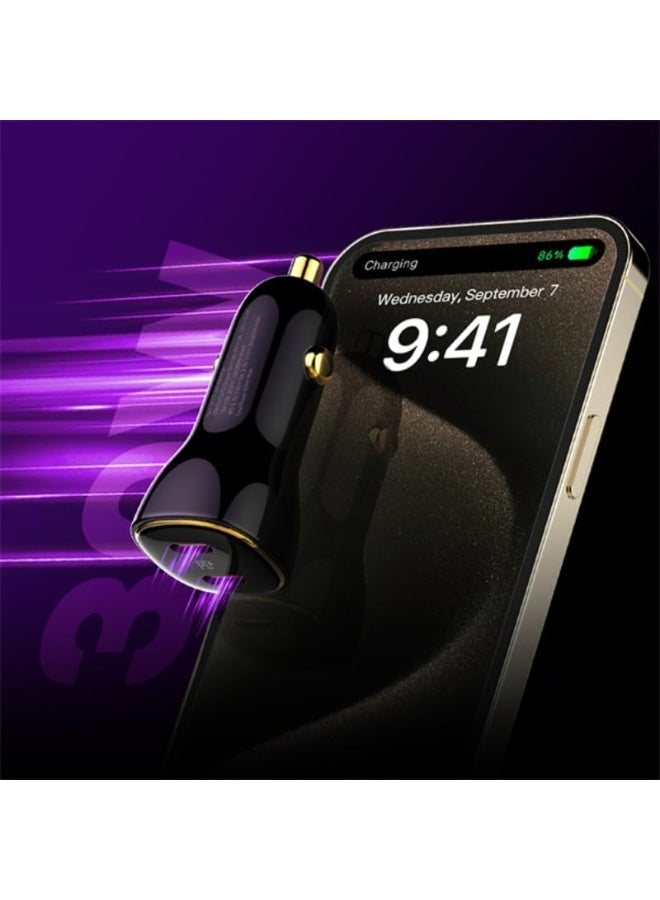 60W Dual Port Super Fast Car Charger with PD 30W USB-C and QC 30W USB-A Fast Charging, USB-C to USB-C Cable Included, Hi