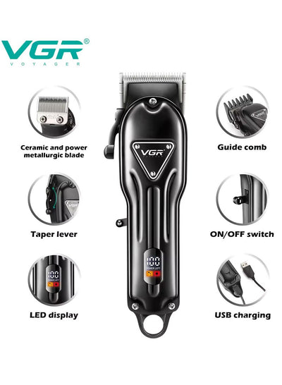 VGR V-051 Professional Hair Clipper, Salon Trimmer for men, Digital Display, Ceramic & Powder Metallurgic Blades, 2500mAh Lithium Battery, 300 minutes Runtime, 4 Guide Combs (Black)