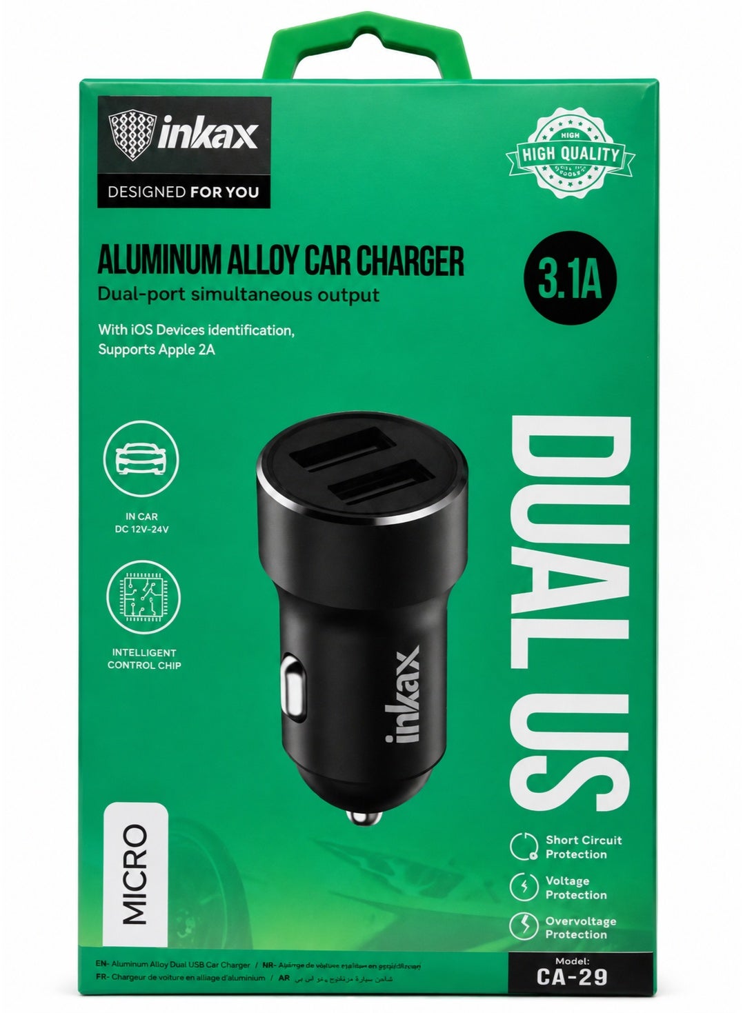 CA-29 Dual USB Car Charger 3.1A Fast Charging Adapter with Micro USB Cable Included, Aluminum Alloy Metal Car Charger wi