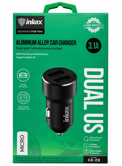 CA-29 Dual USB Car Charger 3.1A Fast Charging Adapter with Micro USB Cable Included, Aluminum Alloy Metal Car Charger wi