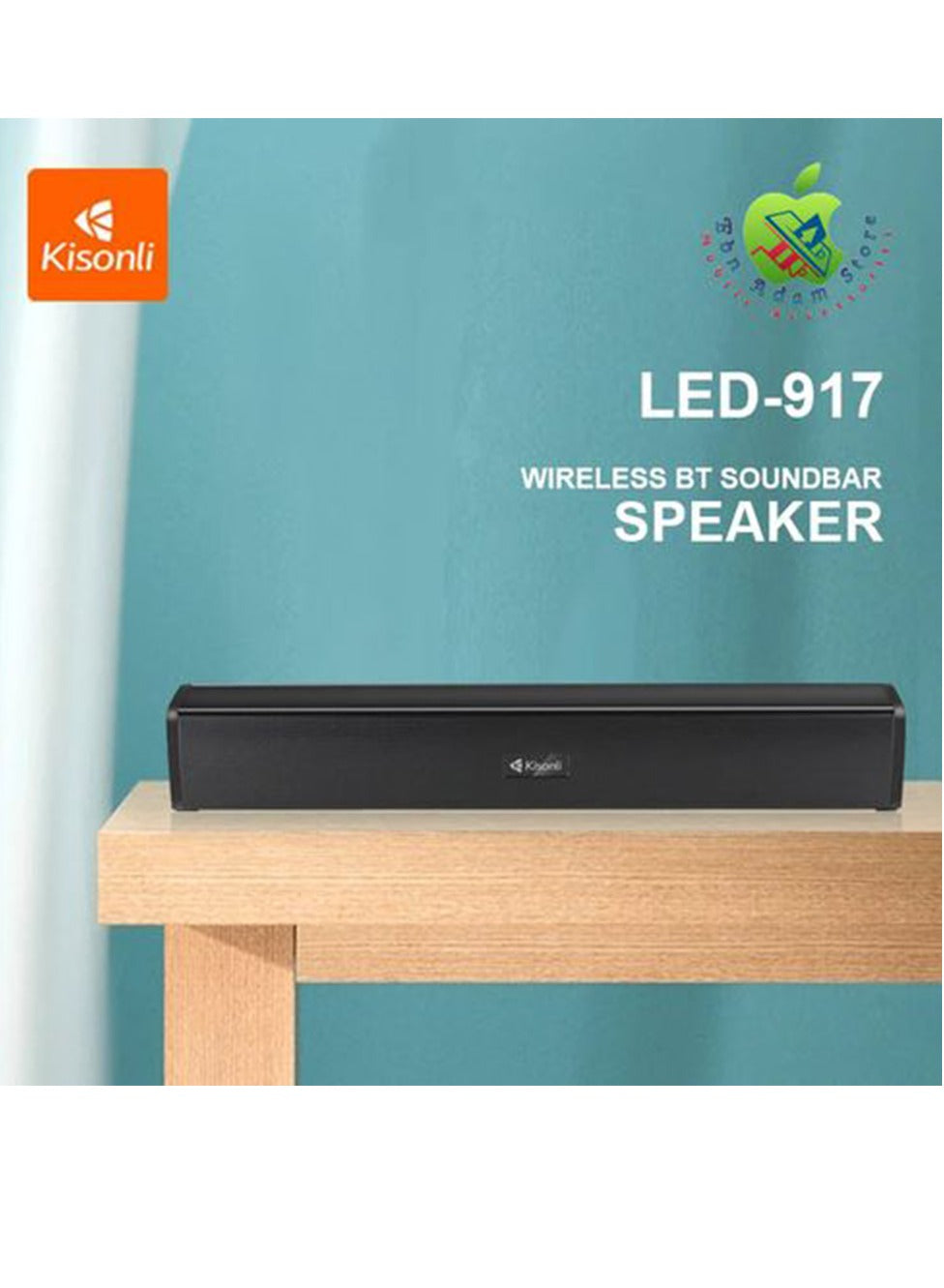 Kisonli Soundbar music speaker wireless Bluetooth speaker with an output power of 10W (5W x 2 for bass). It features a 52mm horn and has a playing time of 2 to 5 hours on a 1200mAh battery. The speaker operates at a voltage of DC 5V and 500mA