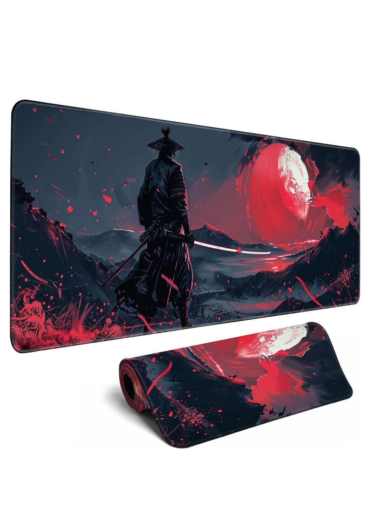 Black Desk Mat Japanese Samurai Mouse Pad Large Red Anime Big Mousepad Gaming Large Mouse Pad for Men Desk Pad with Stit