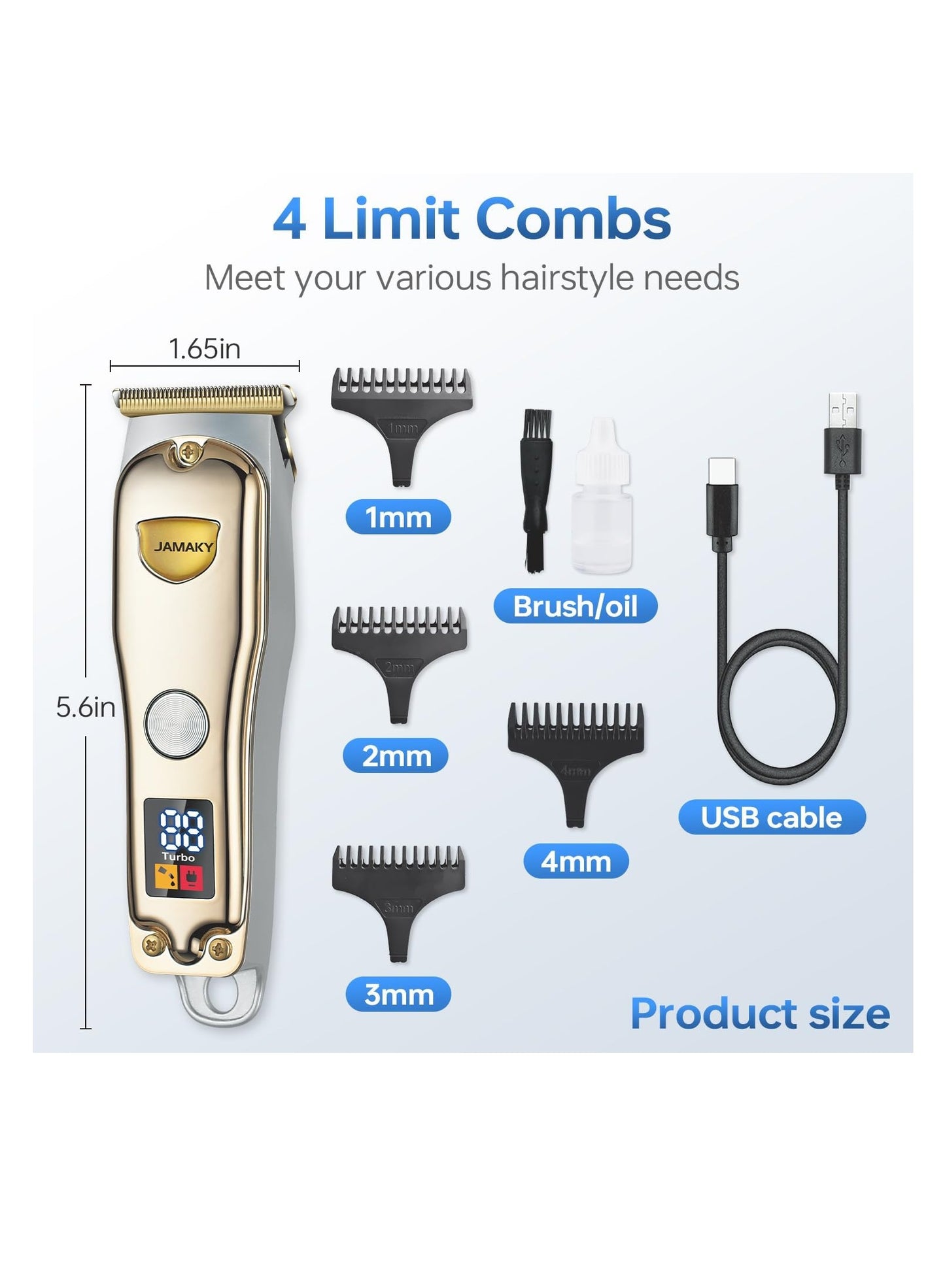 JAMAKY Italy Electric Pro Series Cordless Hair & Beard Trimmer for Men with Italian technology - Stainless Blades, 4 Combs, 5W, USB, Travel-Friendly