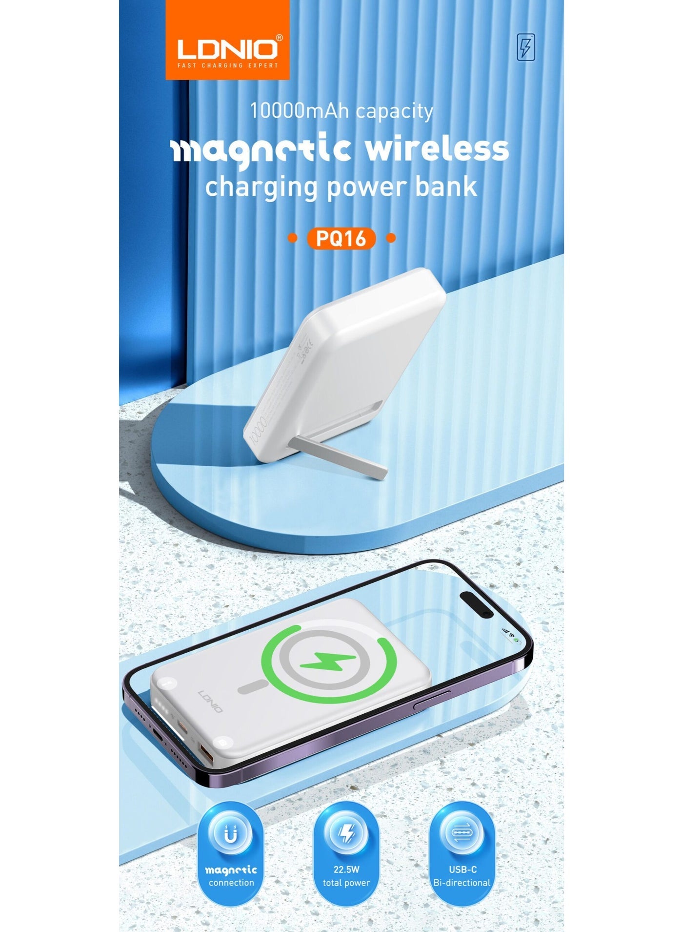 PQ16 10000mAh Magnetic Wireless Power Bank with 15W Wireless Charging, 22.5W Fast Charging Portable Battery Pack, USB-C 