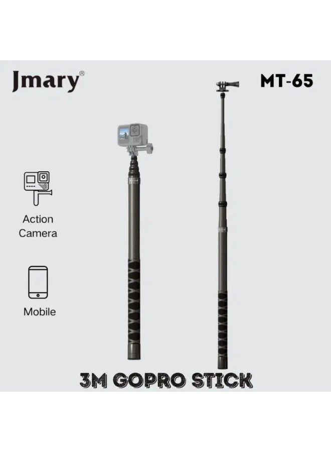 Professional Selfie Stick MT-65 , 3M Extendable and Foldable Carbon Fiber Stick with 360° Rotating Head, Non Slip Grip, 