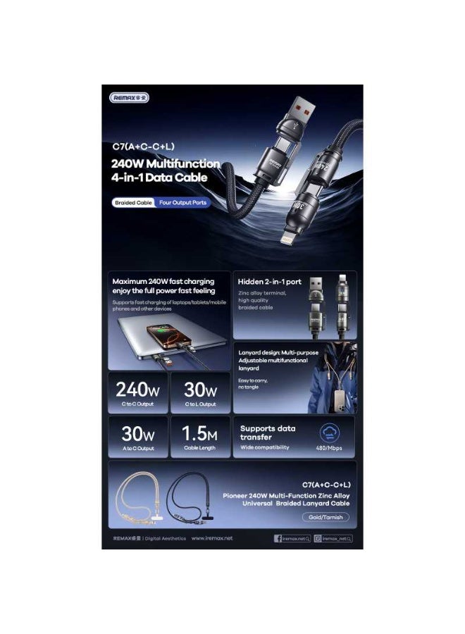2 in 2 Multifunctional Charging Cable C7 , 240W Fast Charging Cable , USB/Type-C to Type-C & Lightning, 1.5m Braided Dur