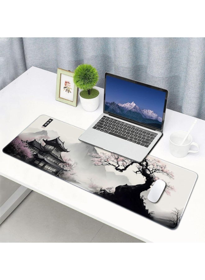 Japanes Watercolor Cherry Blossom Extended Gaming Mouse Pad with Stitched Edges 70×30cm XL Desk Mat for Gaming, Office, 