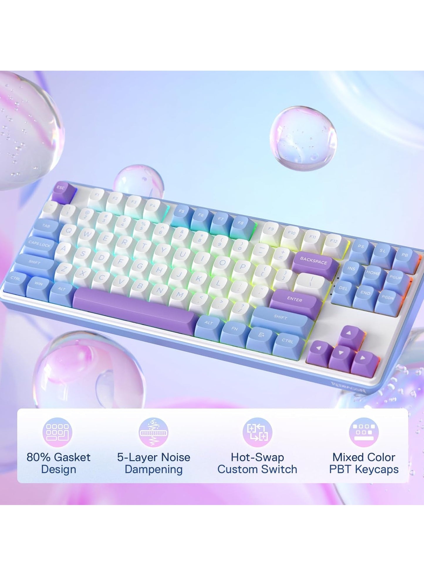 REDRAGON Gaming Keyboard K707 PRO - RGB with 80% Wireless Gasket, 3 Modes and 87 Keys, TKL Mechanical Keyboard with Hot Swap Socket, PBT Round Keycaps and Noise Damping