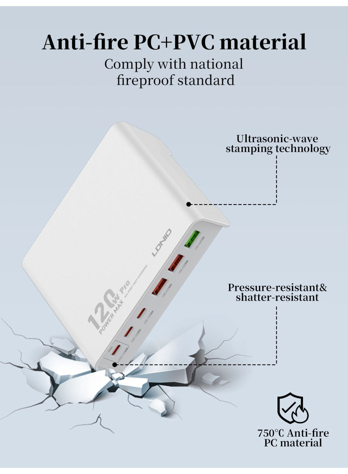 Q605 Multi Ports Desktop Charging Station 120W , 6 Port USB Charger (3 USB-C + 3 USB-A), PD3.0 QC3.0 PPS Fast Charging A