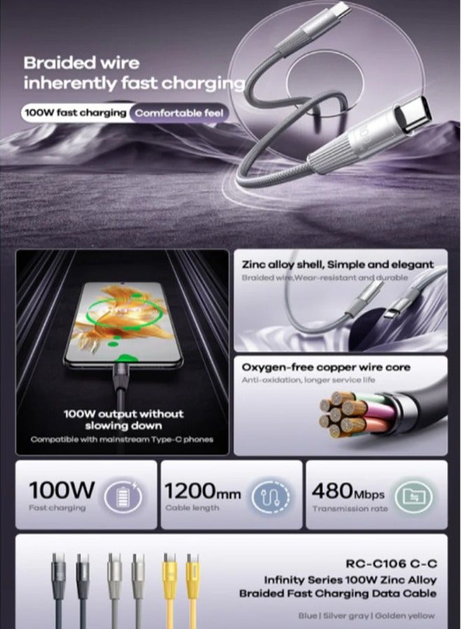 Fast Charging and Data Cable RC-C106 , type-C To type-C Infinity Series 100W ZINC Alloy Braided , 1.2M - Black
