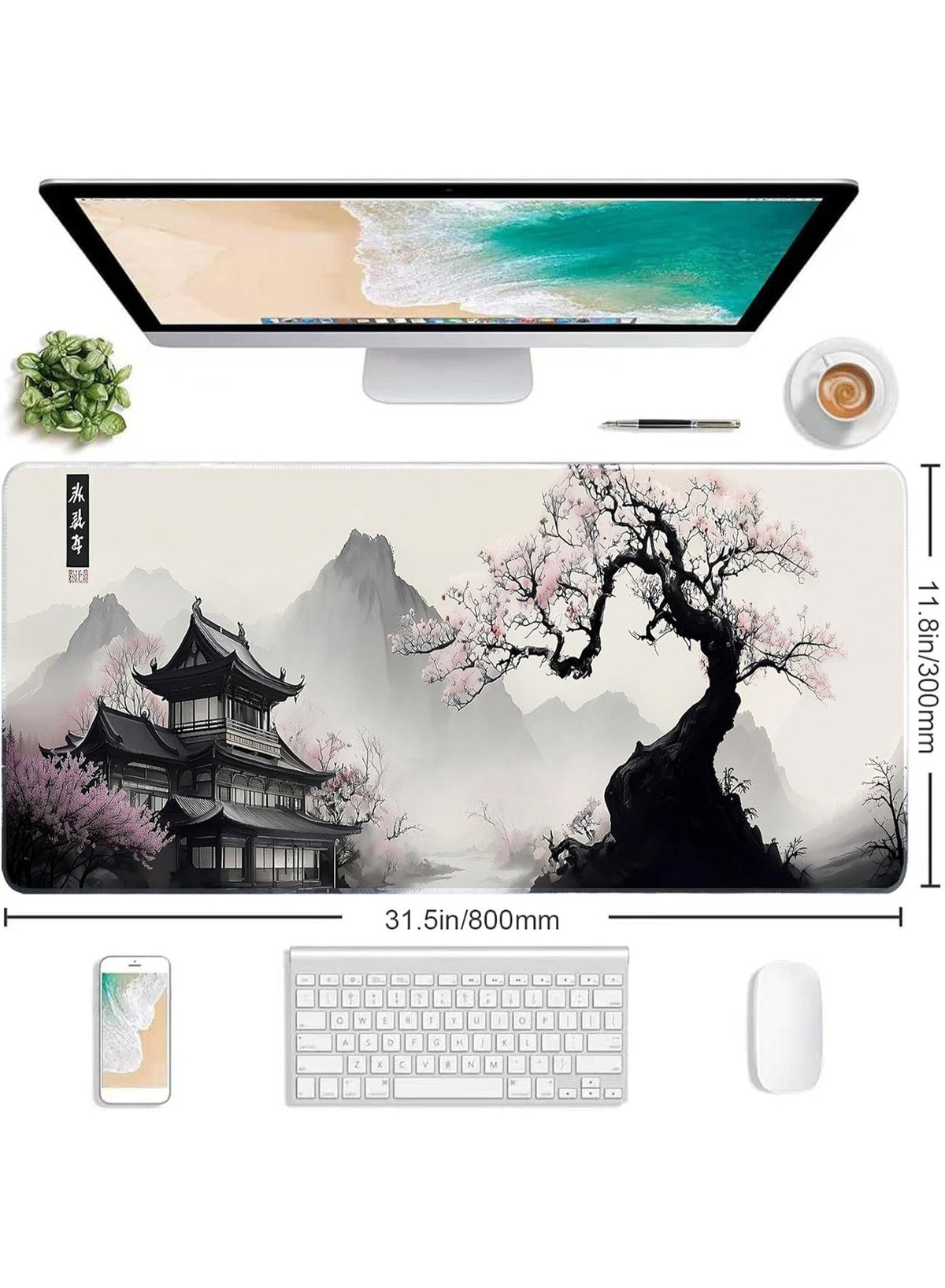 Japanes Watercolor Cherry Blossom Extended Gaming Mouse Pad with Stitched Edges 70×30cm XL Desk Mat for Gaming, Office, 