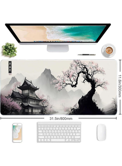 Japanes Watercolor Cherry Blossom Extended Gaming Mouse Pad with Stitched Edges 70×30cm XL Desk Mat for Gaming, Office, 