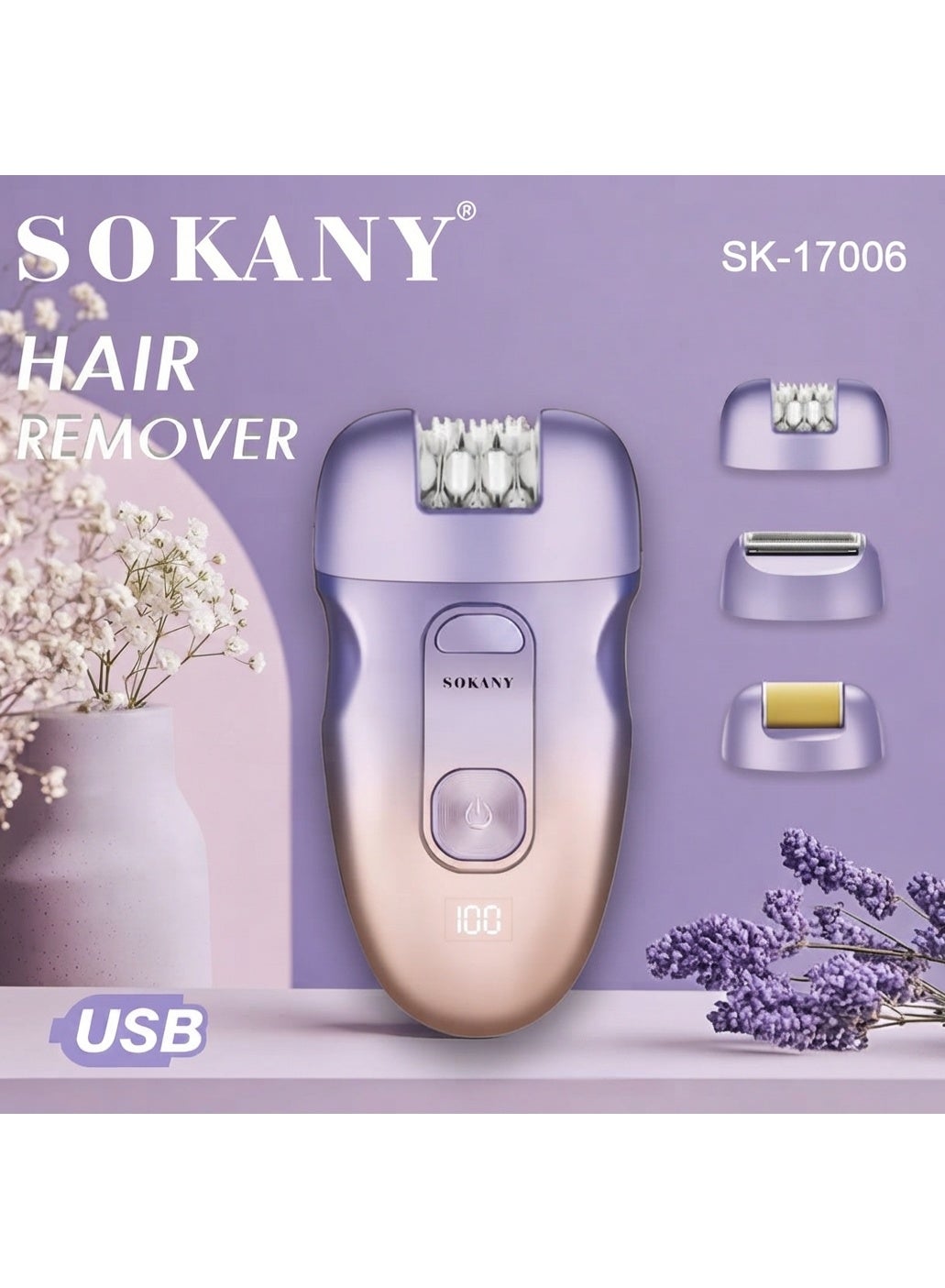 SK-17006 3-in-1 Women’s Epilator, Rechargeable Electric Hair Removal Machine with Shaver & Exfoliation Heads, 2 Speed Se