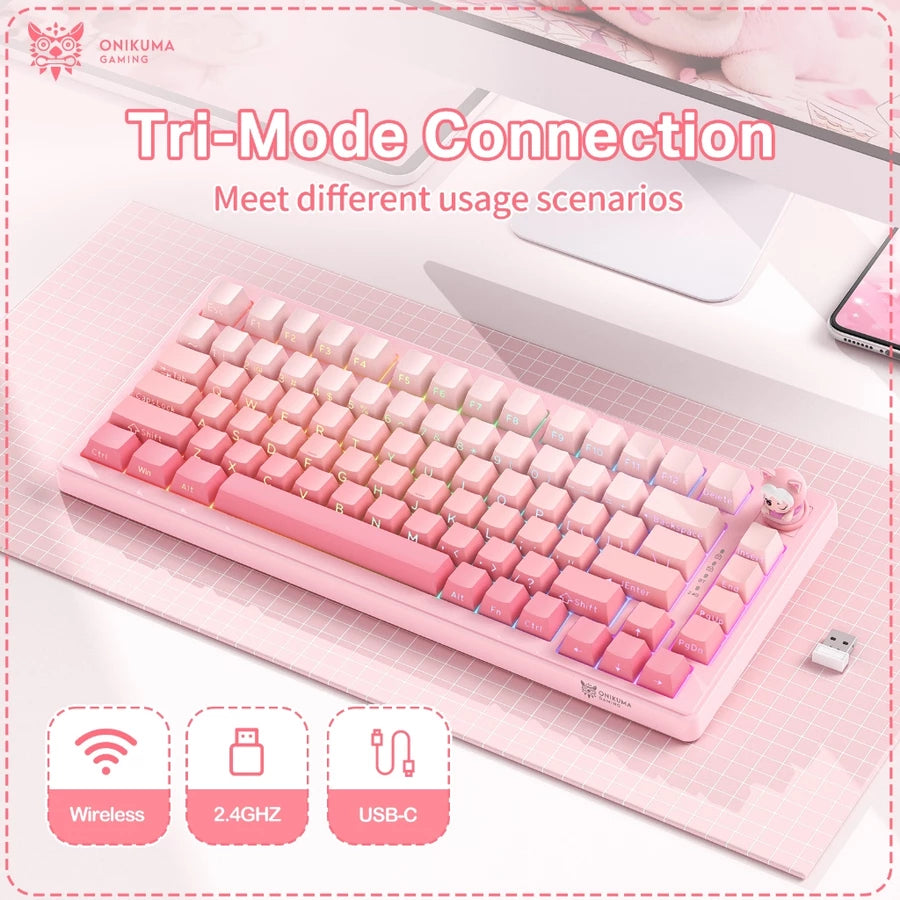 onikuma MT707 Tri-Mode RGB Mechanical Keyboard 81-Key Pink