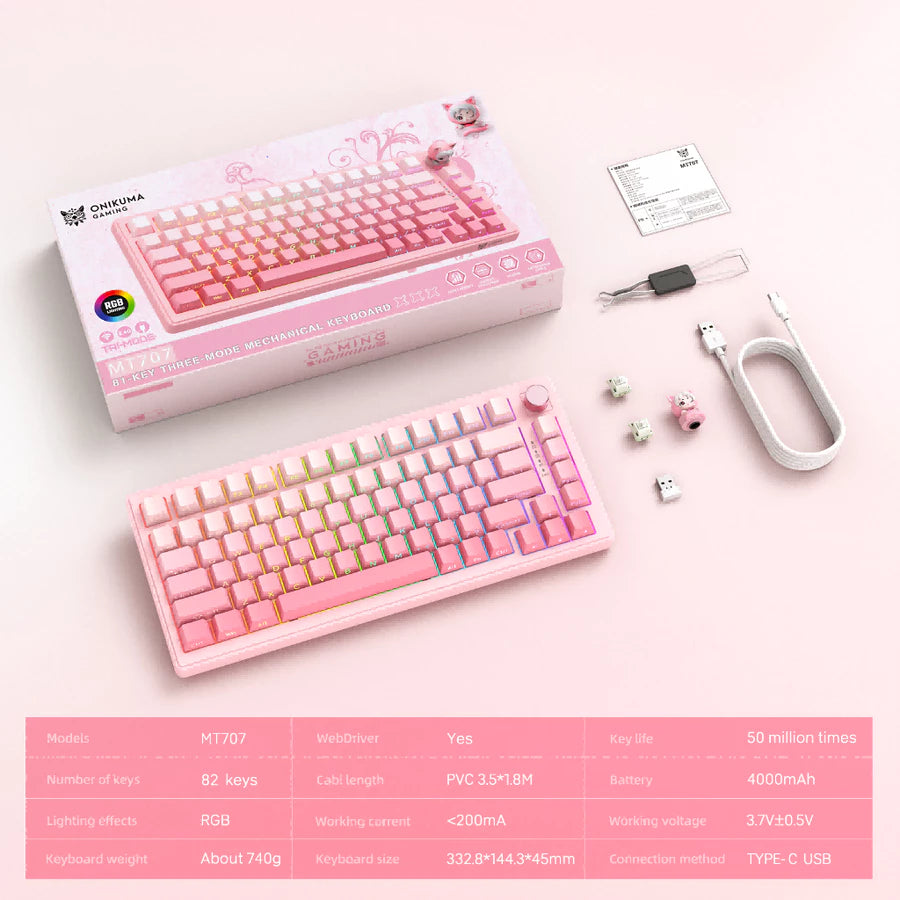 onikuma MT707 Tri-Mode RGB Mechanical Keyboard 81-Key Pink