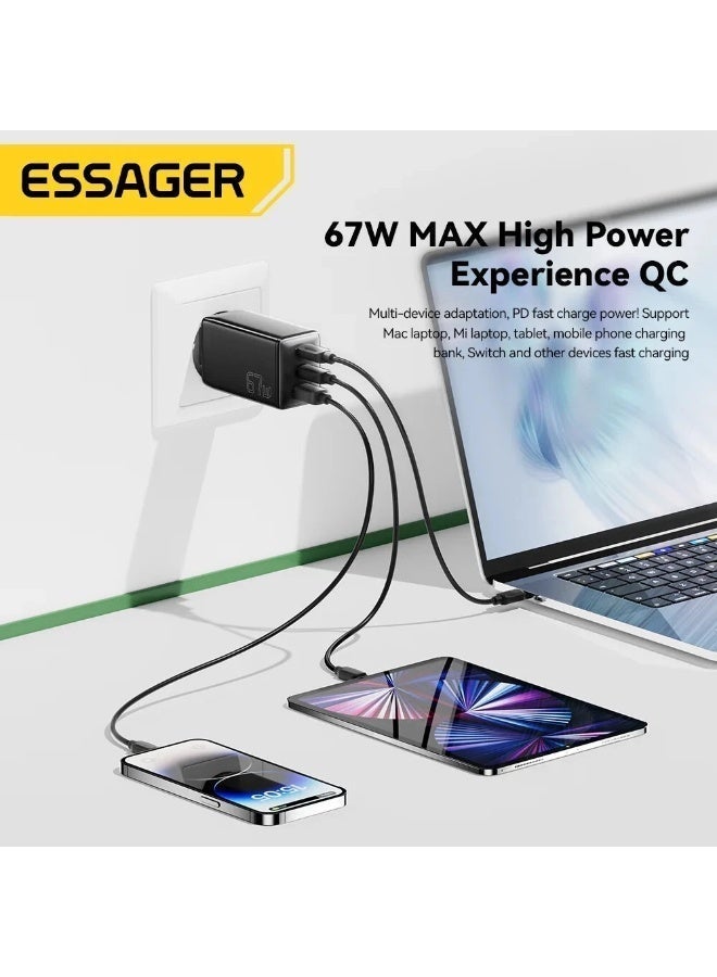 شاحن حائط ESSAGER G671A2CU GaN قوة 67W 3 منافذ QC4.0 أسود