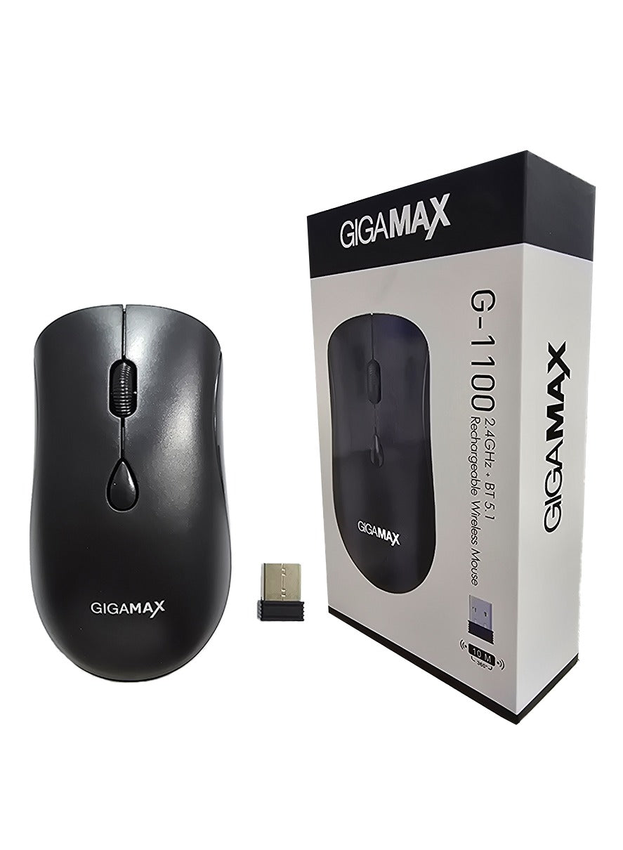 Gigamax Wireless Desk Mouse, G-1100, 1600 DPI Wired/Wireless Functional Mouse with 3 Modes Connectivity, Bluetooth and 2.4G Wireless, 4 Macro Buttons, Long Lasting Rechargeable Battery Capacity and for PC/Mac/Laptop Used in... Home and office, black