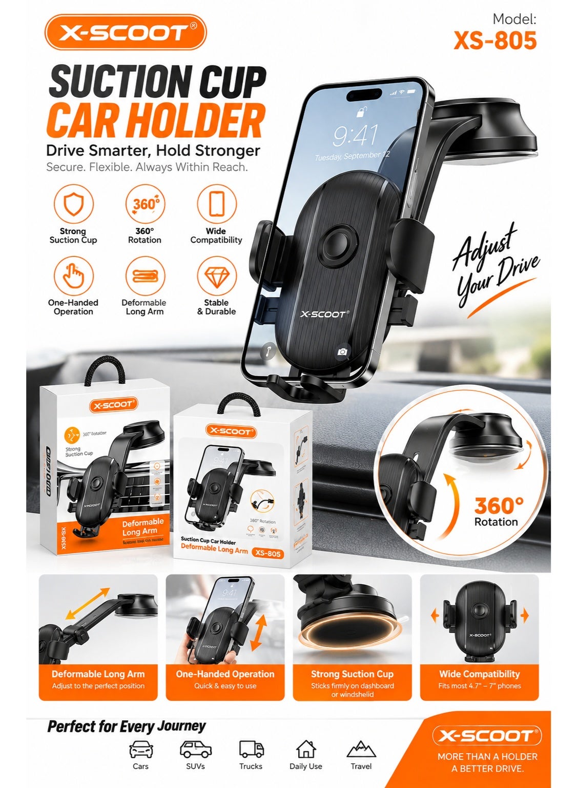 XS-805 Suction Cup Car Phone Holder with Deformable Long Arm, 180° Rotation, One-Click Lock & One-Hand Operation, Alumin