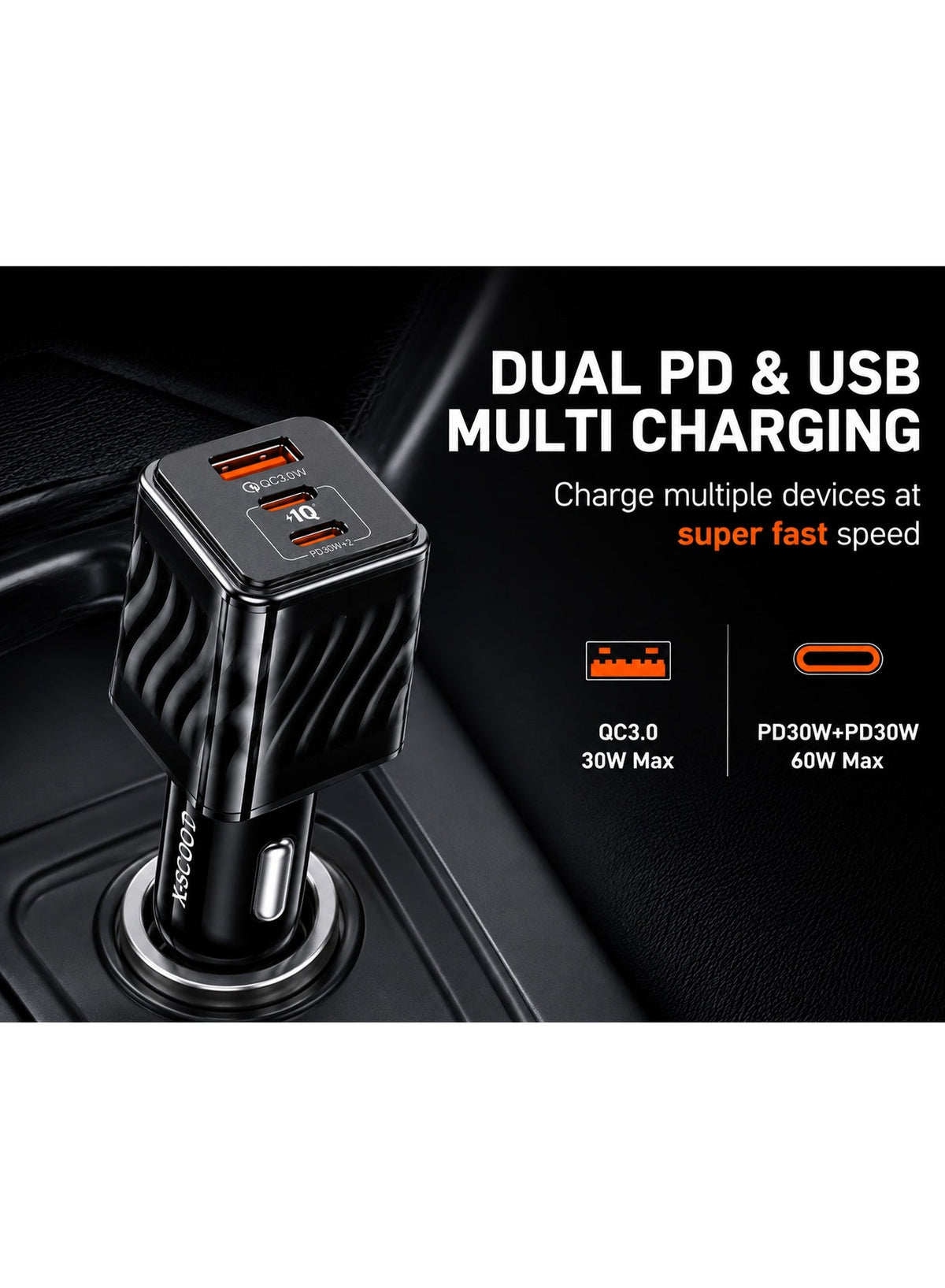 XC-314 80W PD Fast Car Charger with Power 3.0 Quick Charge, 1 USB & 2 Type-C Ports, Super Fast Charging for iPhone, Sams