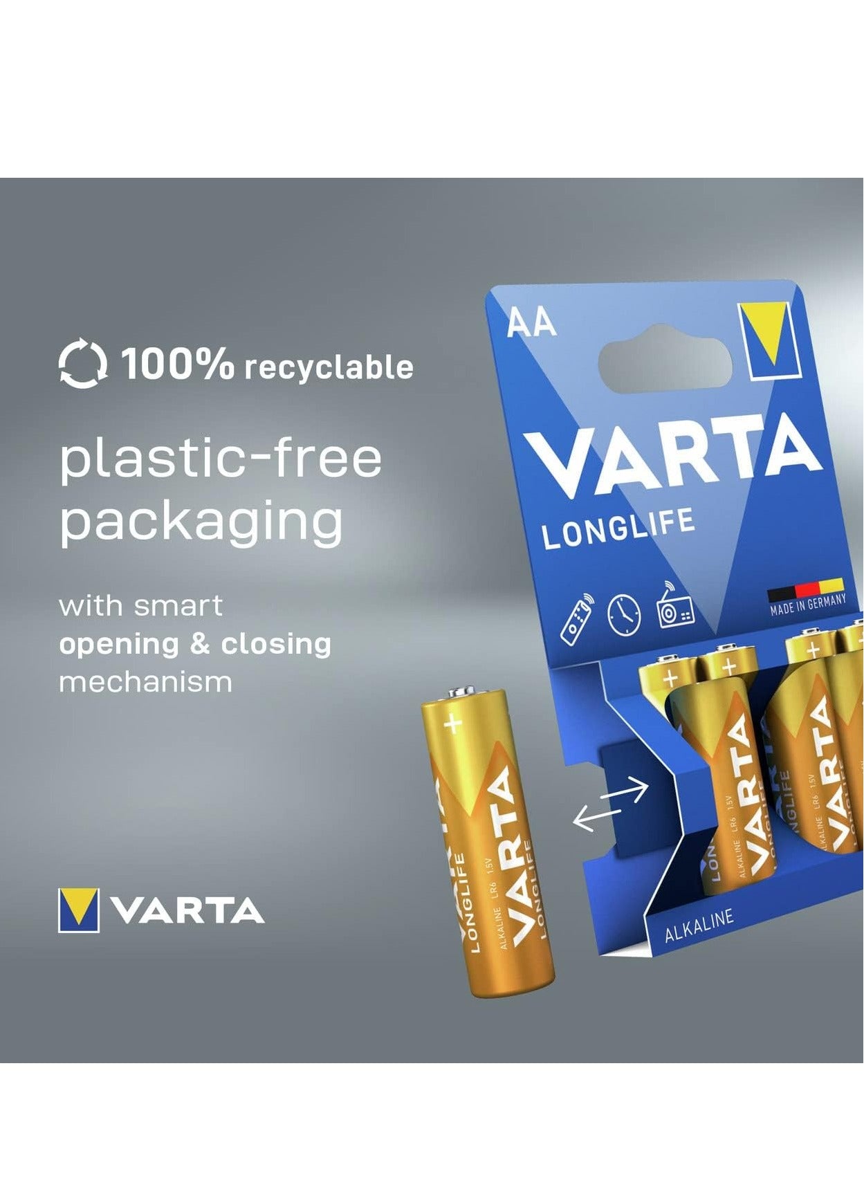 Varta Long Life Alkaline Batteries - 4 Packs, 1.5V, MIGNON ,4106 , STILO ,LR6 , MN1500 with gold color