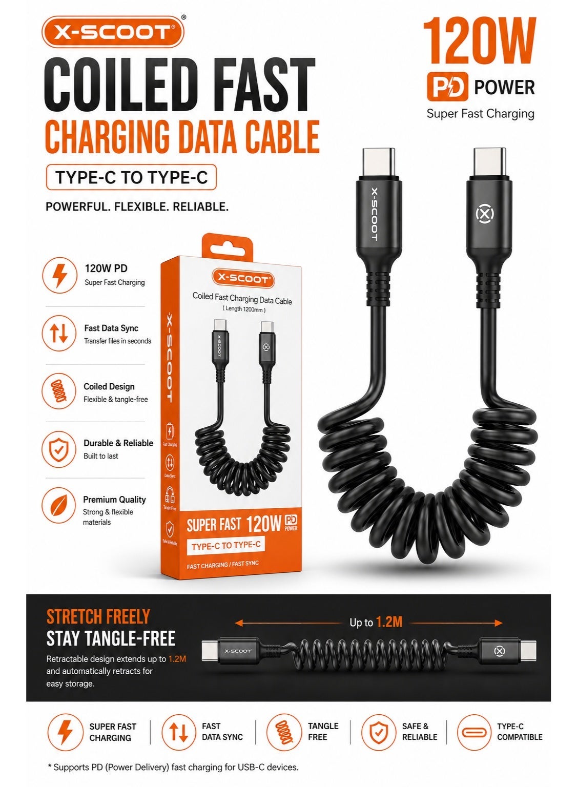 CL-156120W PD USB-C to USB-C Coiled Fast Charging & Data Cable, 1.2M Retractable Spiral Cord, Aluminum Alloy Connectors,