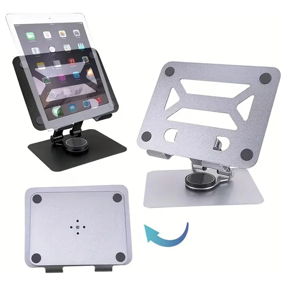 High-quality metal iPad & tablet holder with stable base, adjustable design, 360° rotation & flexible height. Durable material ensures safe, comfortable use for mobiles & tablets at home or office.