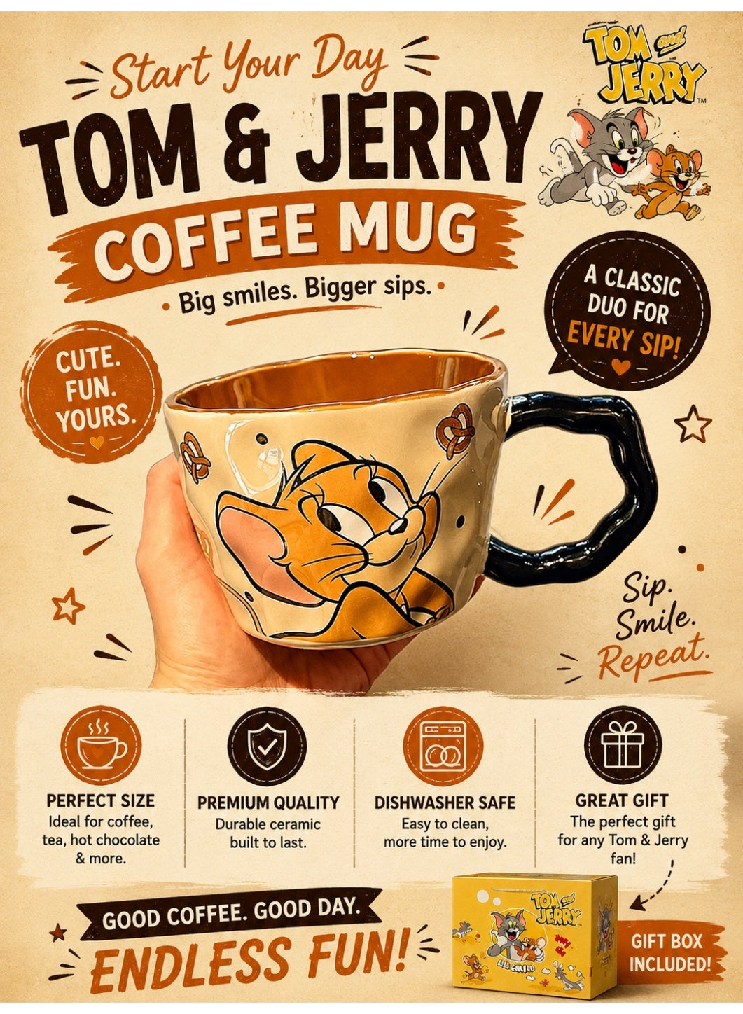 Large Capacity Ceramic Coffee Mug with Cartoon Character Design, Cute Ceramic Tea Cup for Hot & Cold Drinks, Milk Mug, L