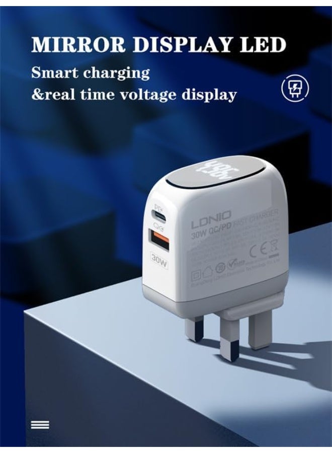 A2522C Super Fast Wall Charger 30W with Dual Ports (USB + Type-C), PD & QC 3.0 Quick Charge Technology, LED Power Displa