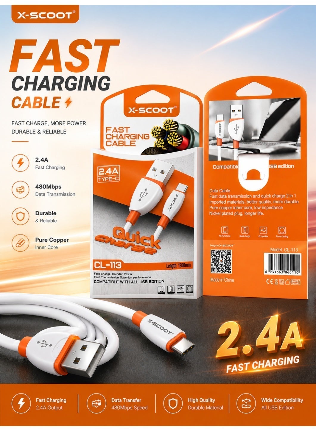 كابل شحن X-SCOOT CL113 Type-C قوة 2.4A طول 1.2m أبيض