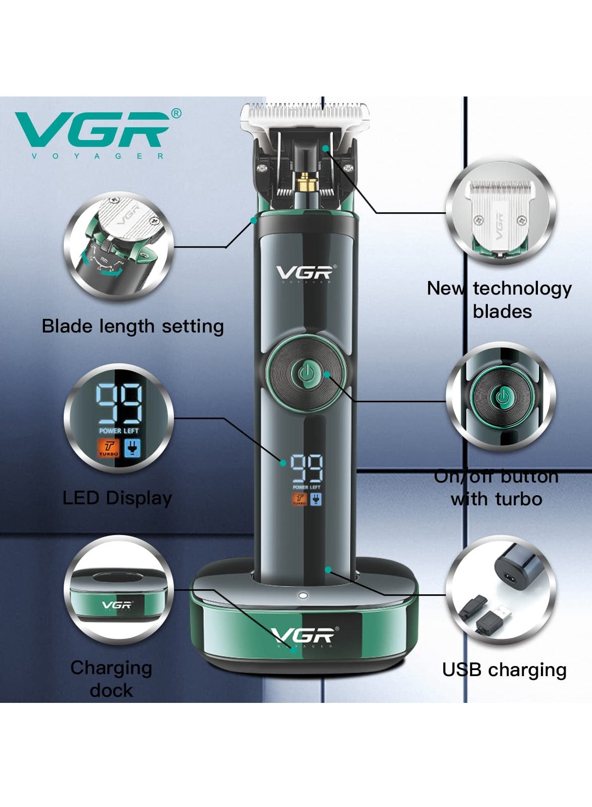 VGR V-671 Salon Series Professional Digital Display Cordless Hair Clipper with Dual motor Beard Trimmer for Men Rechargeable Li-ion Battery 2500mAh 400 minutes Runtime USB Powered Charging Pod & Stand