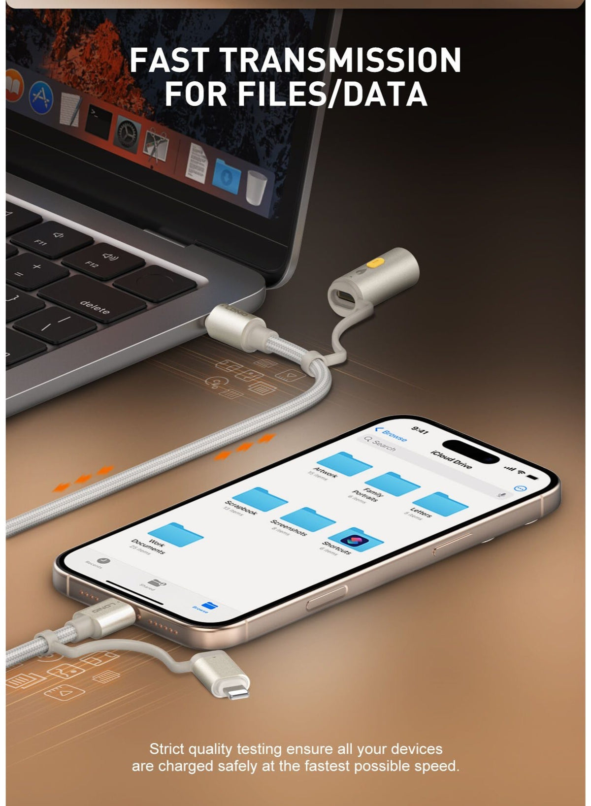 كابل شحن سريع LC20 بقوة 65 واط مزود بموصلات USB-C و Lightning، شاحن سيارة مدمج، مزامنة بيانات عالية السرعة، تصميم متين و