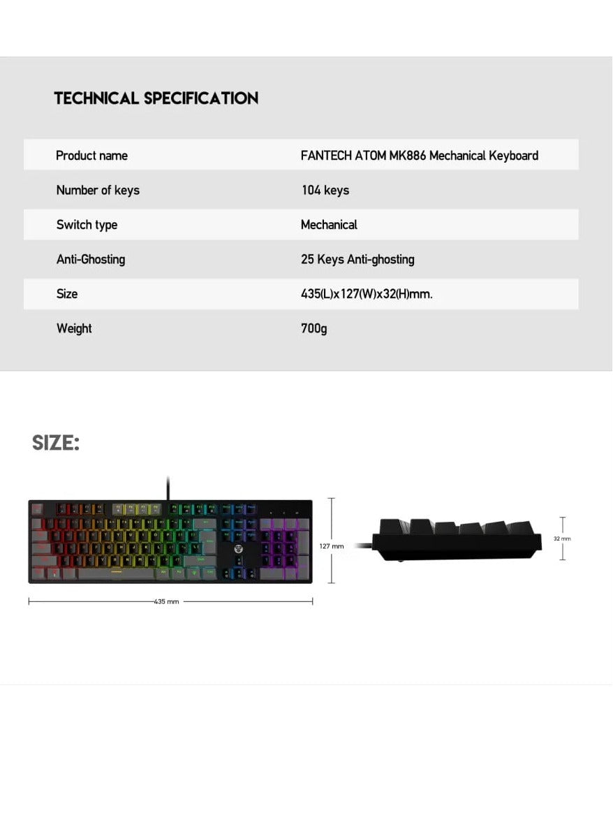 FANTECH MK886 RGB Gaming Mechanical Keyboard Full Size , Blue Switch