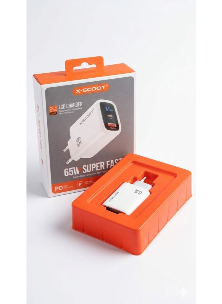 CH-272 LCD Smart Fast Charger 65W – Dual Port Type-C & USB Wall Charger with Real-Time Power Display, Universal AC 100-2