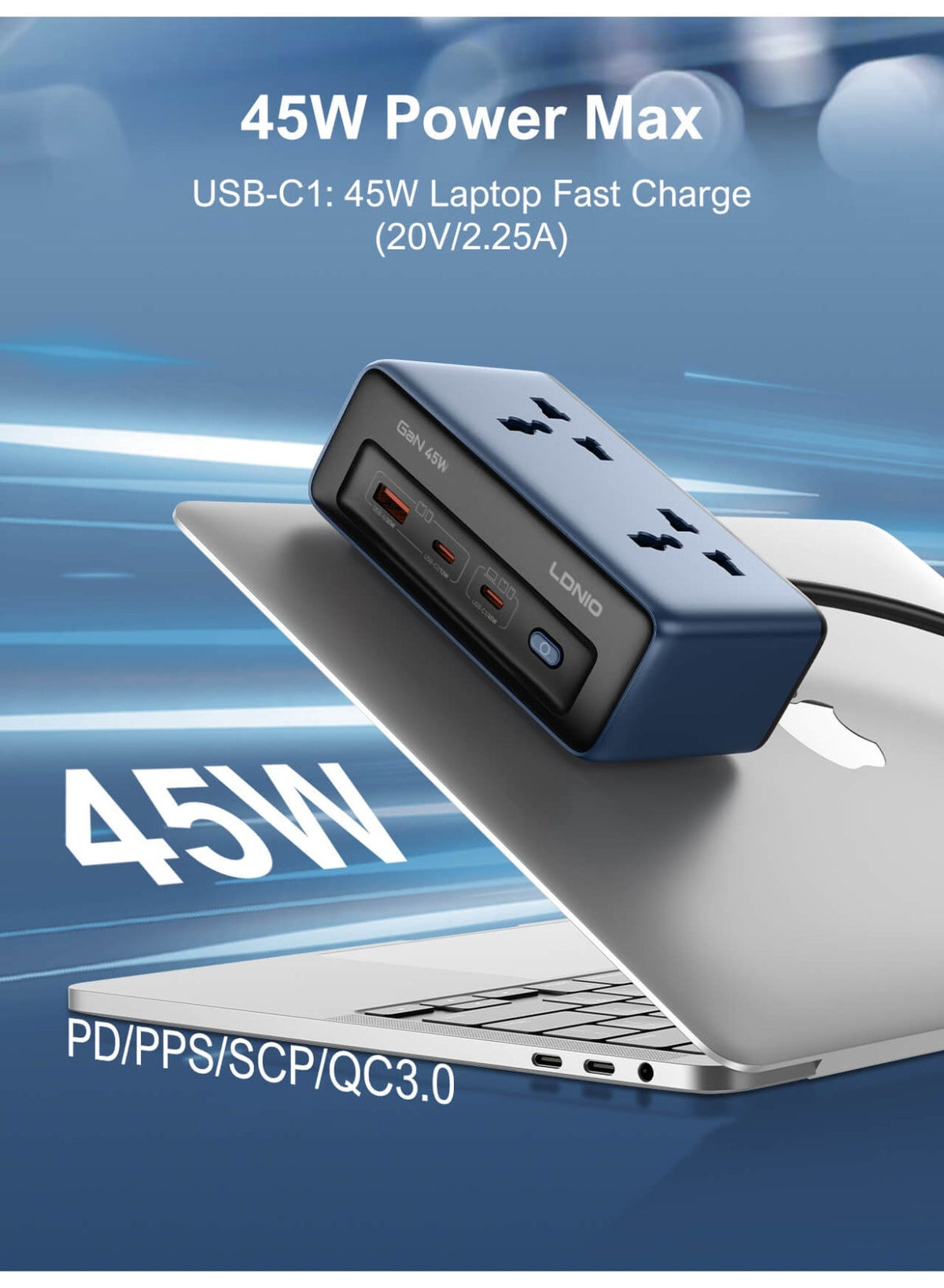 Universal Power Strip with 45W GaN Fast Charging, 2 USB-C and USB-A Charging Ports, 2500W Extension Socket, Desktop Powe