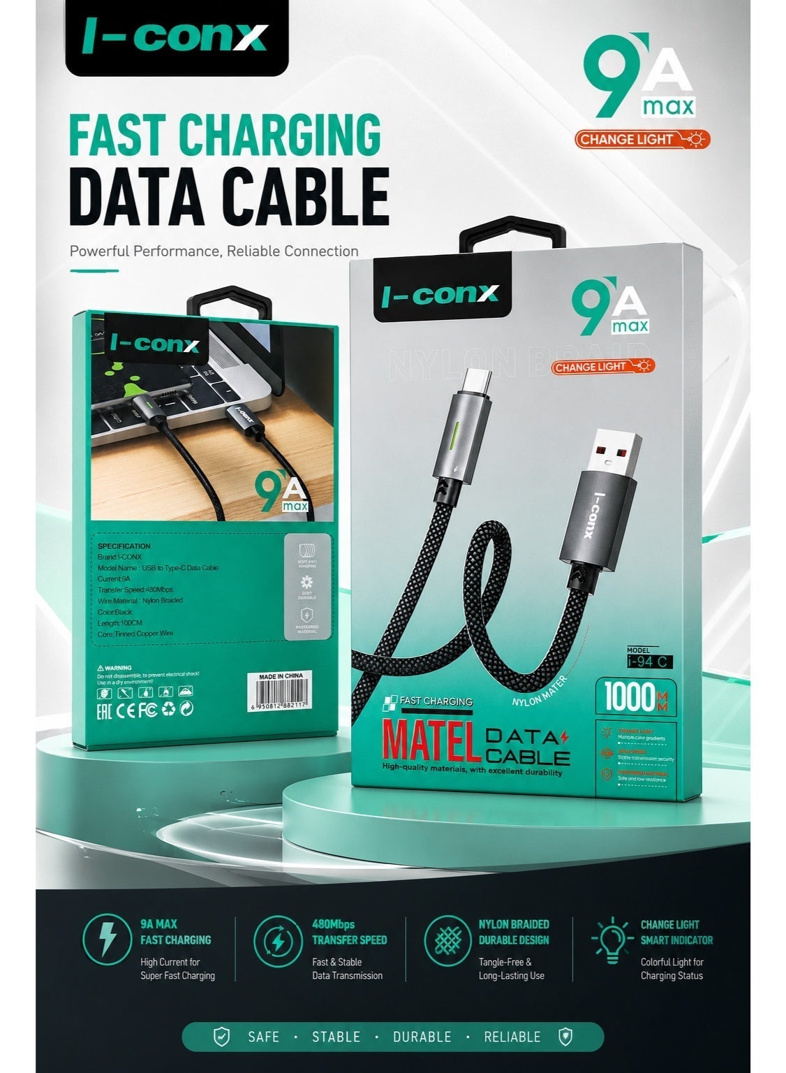 كابل شحن I-conx i-94C تيار 9A طول 1m منفذ USB-C نايلون مضفر أسود