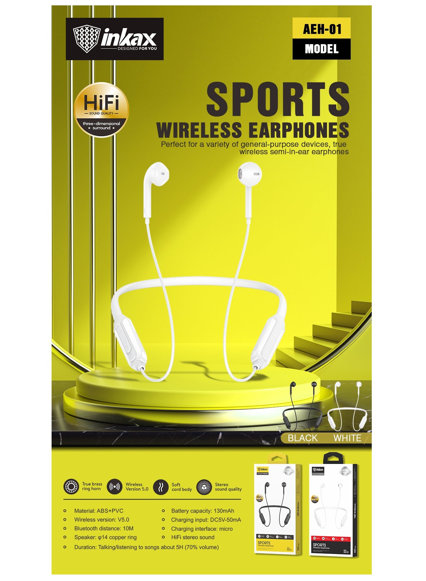 Inkax Wireless Sports Earphones 130mAh , AEH-01 ( Music time: 7-8h )