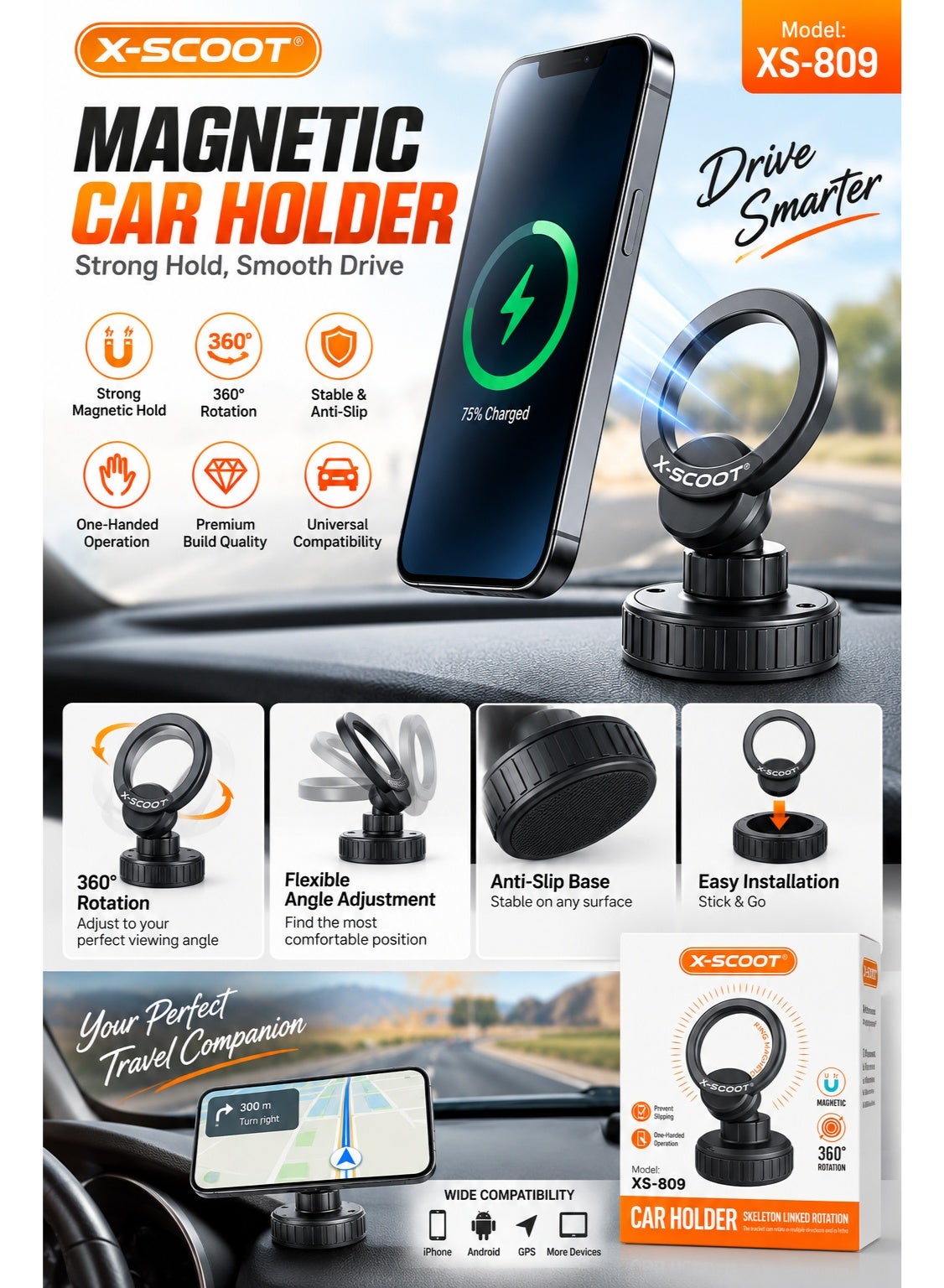 XS-809 Magnetic Car Phone Holder with Powerful Magnetic Ring, 360° Rotating Adjustable Smartphone Mount, One-Hand Operat