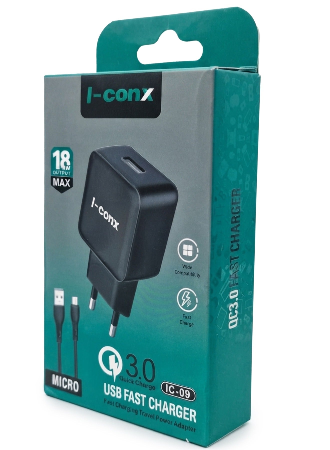 IC-09 18W QC 3.0 Fast Wall Charger with Micro USB Cable – USB Fast Charging Travel Adapter, Quick Charge 3.0 Power Plug,