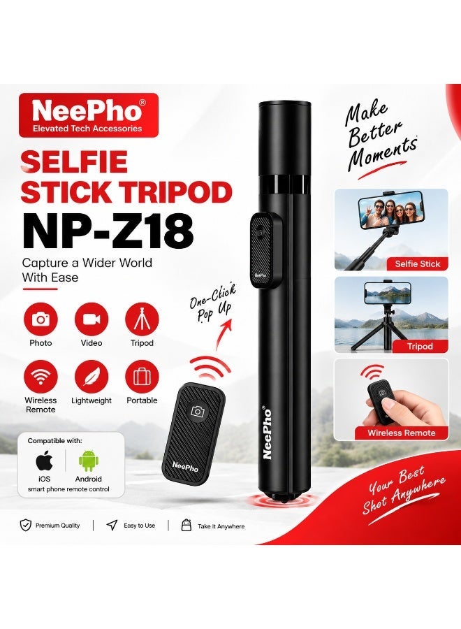NP-Z18 Selfie Stick Tripod with Bluetooth Remote – Extra Long Extendable Phone Stand, 360° Rotating Smartphone Holder, S