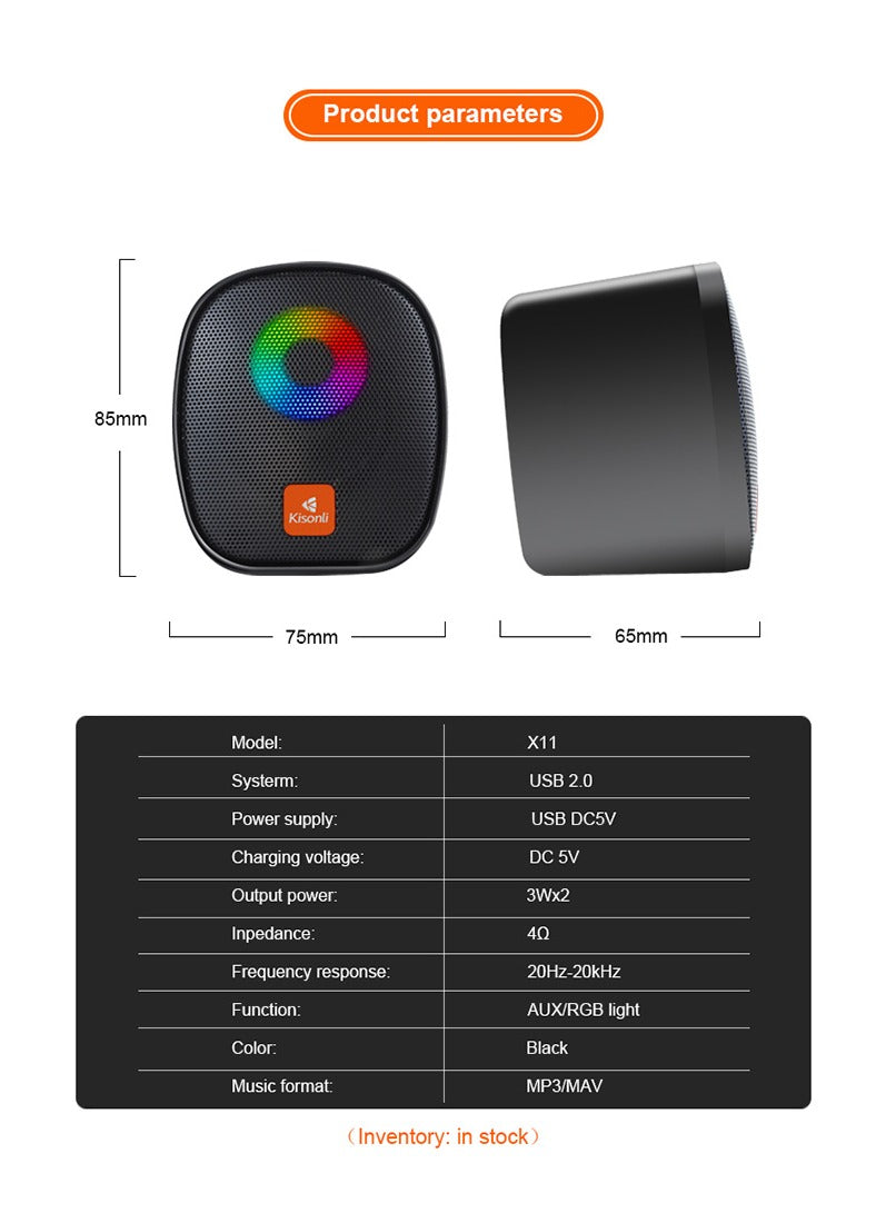 Kisonli RGB Gaming PC Mini USB Speaker Black X11