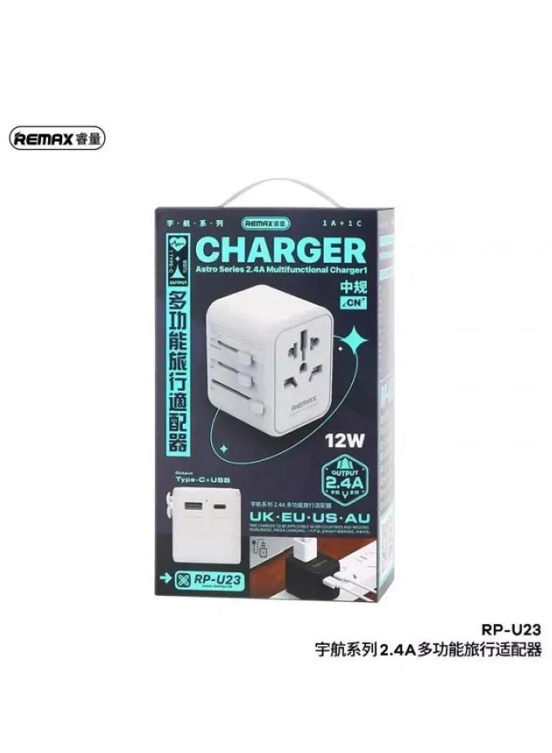 Multifunctional Fast Charger (12W)  RP-U23 ASTRO Series 2.4A (output-1A+1C) , the best choice for travel, home and offic