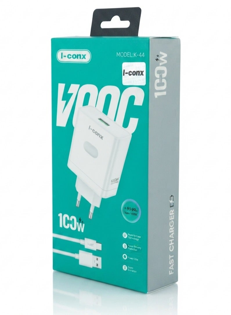 K-44 100W USB-A Fast Wall Charger with USB-C Cable – PD, Super VOOC & QC Fast Charging Travel Adapter, Smart Chip, Stabl