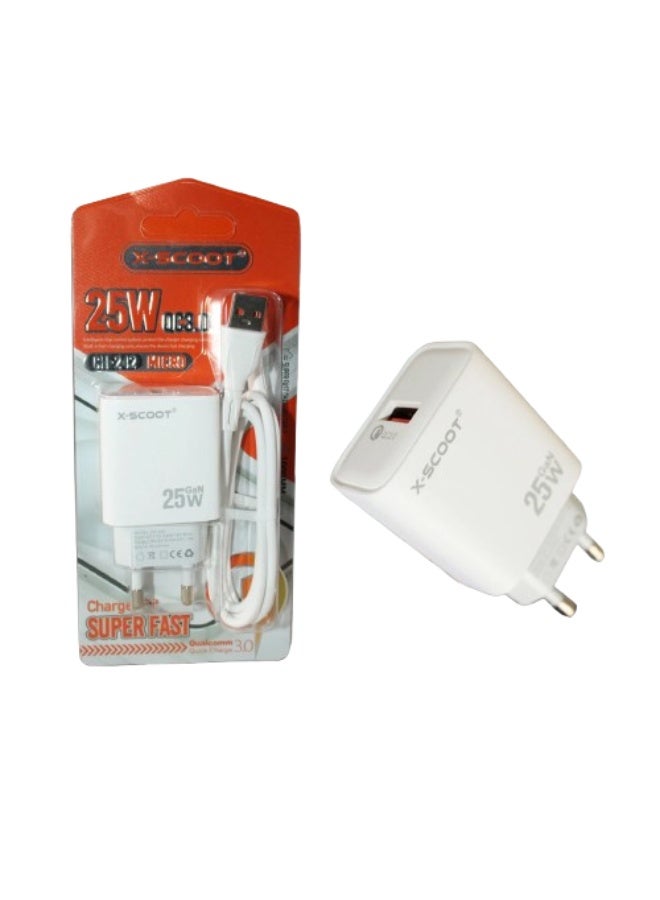 شاحن X-SCOOT CH242 سريع 25W مع كابل Micro USB أبيض