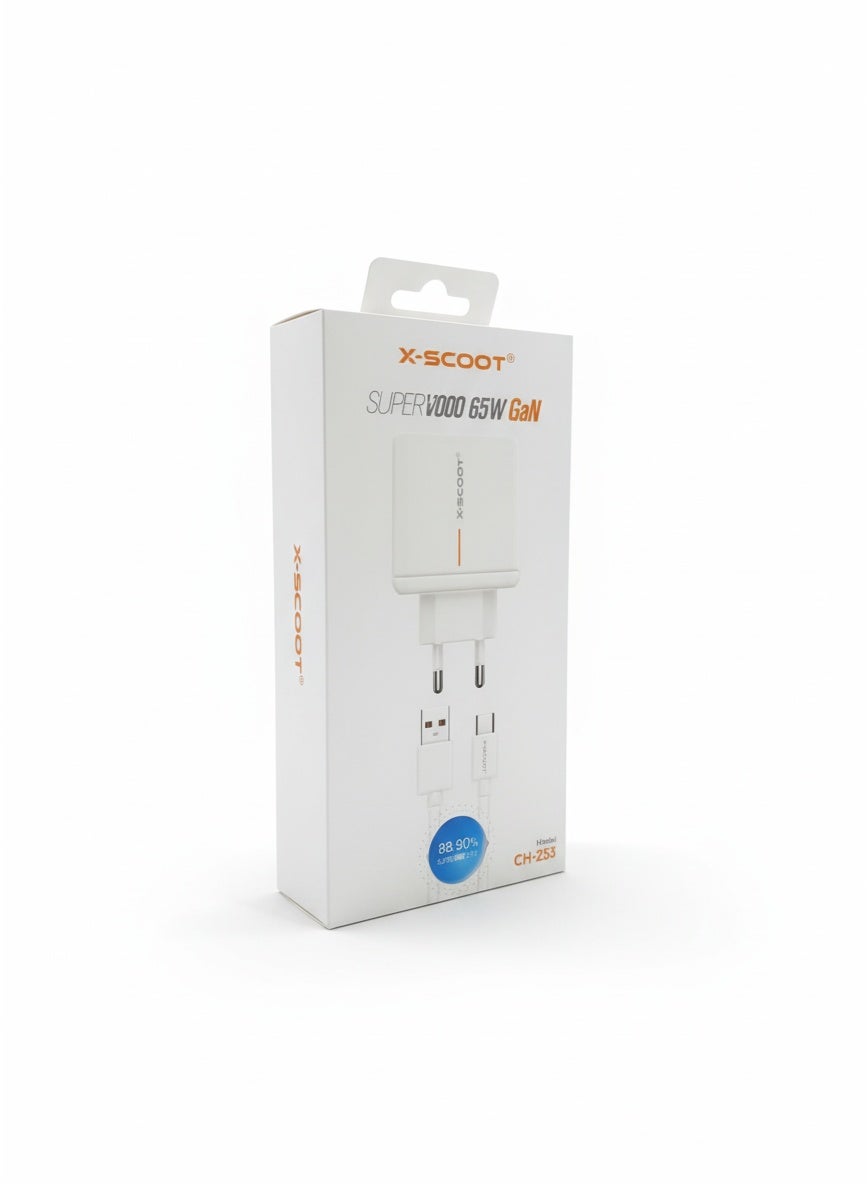 CH-253 GaN 65W Super VOOC Fast Charger with USB-C and USB Ports – High-Efficiency Ultra-Fast Wall Adapter for Phones, Ta
