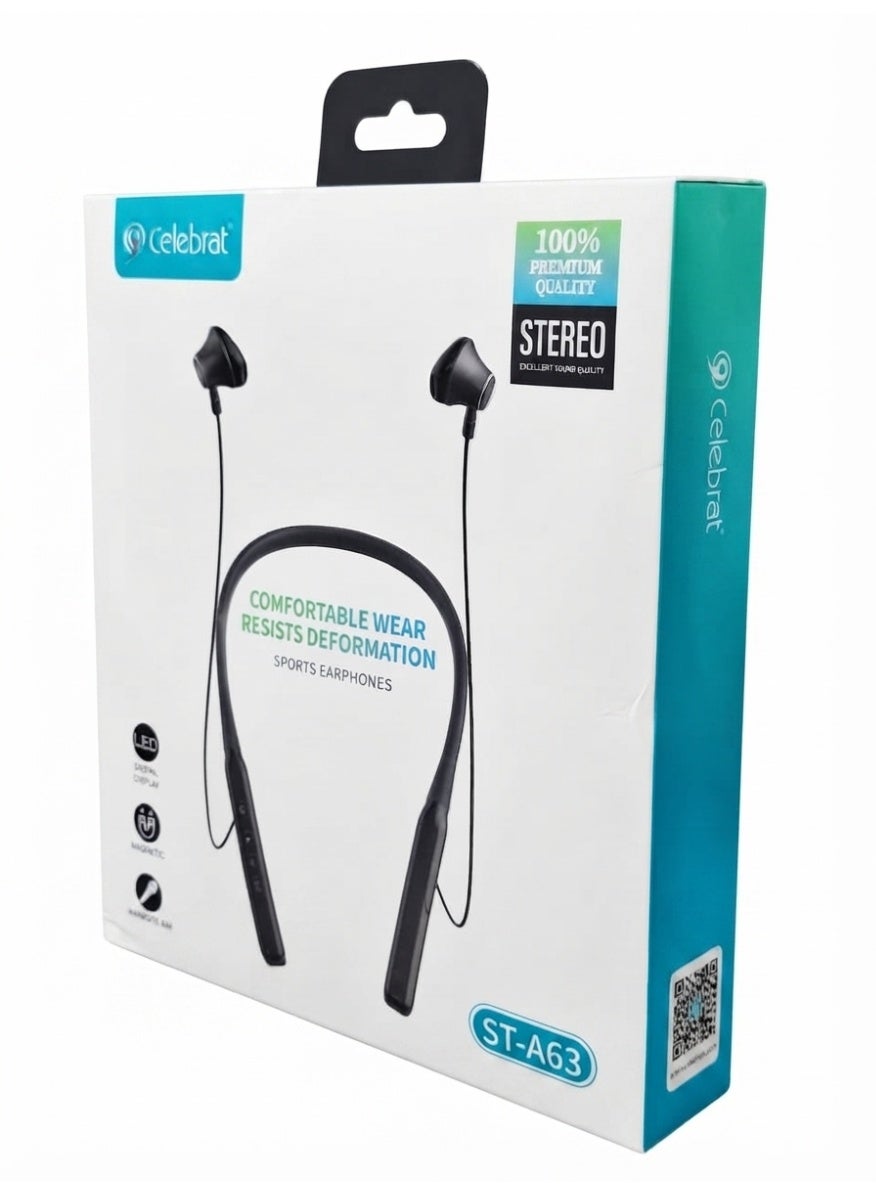 ST-A63 Wireless Neckband Earphones, Bluetooth Sports Headphones with HD Stereo Bass Sound, LED Battery Display, Magnetic