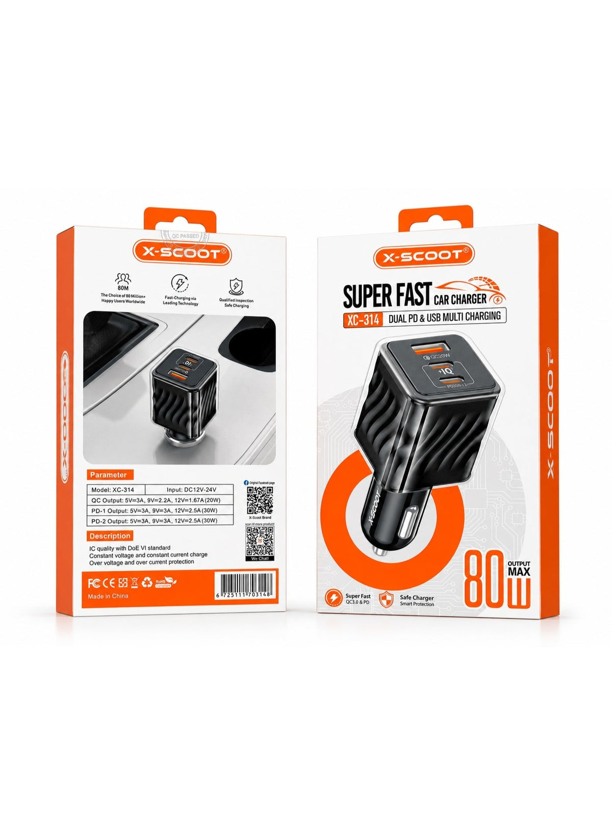 XC-314 80W PD Fast Car Charger with Power 3.0 Quick Charge, 1 USB & 2 Type-C Ports, Super Fast Charging for iPhone, Sams